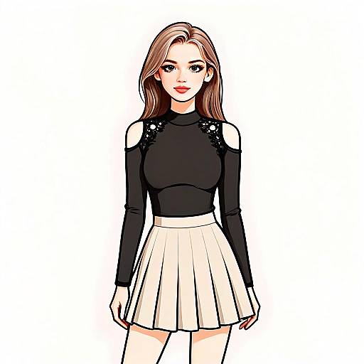 Stylish Woman with Pretty Face and Hair Wearing Black Cold-Shoulder Top and Cream Skirt Illustration