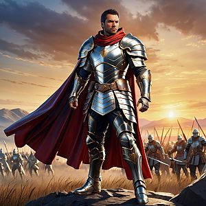 Heroic Knight in Armor at Sunset