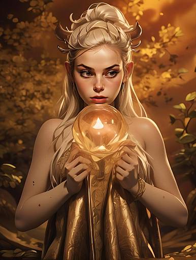 Mystical Woman Holding Glowing Orb in Golden Fantasy Setting