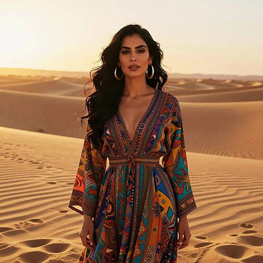 Woman in Vibrant Bohemian Dress Standing in Desert Dunes at Sunset