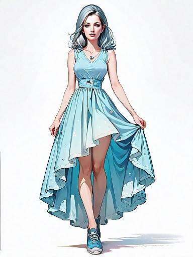 Realistic Digital Illustration of Woman in Light Blue Asymmetrical Dress and Sneakers