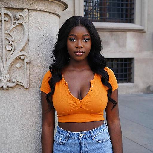 Confident Woman in Orange Crop Top and Denim Jeans Outdoors