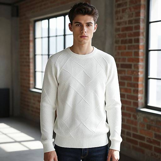 Young Man Wearing White Knit Sweater in Industrial Loft Setting