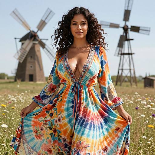 Woman in Vibrant Tie-Dye Floral Dress with Windmills in Field