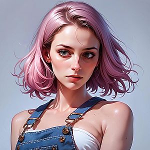Young Woman with Pastel Pink Hair in Denim Overalls