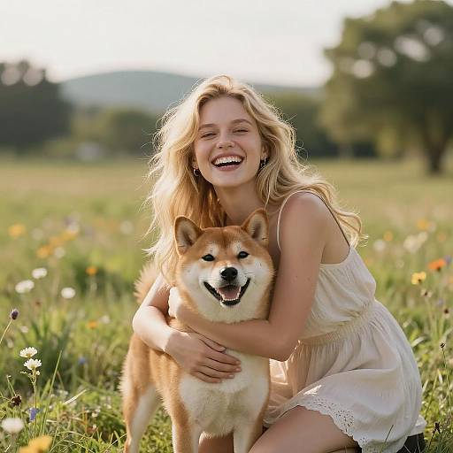 Young Woman Hugging Shiba Inu Dog in Sunny Wildflower Meadow