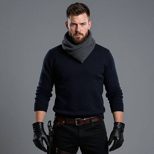 Serious Bearded Man in Dark Sweater with Leather Gloves and Holstered Gun