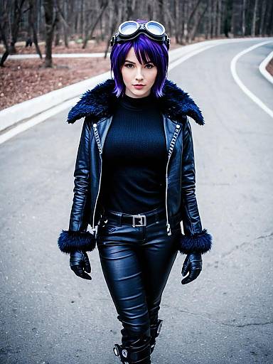 Woman with Purple Hair in Black Leather Outfit Inspired by Arknights Style