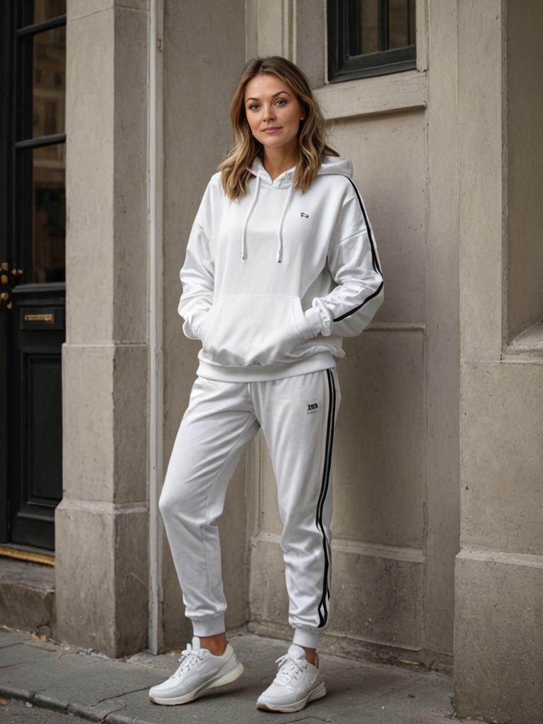 Confident Woman in Stylish White Tracksuit