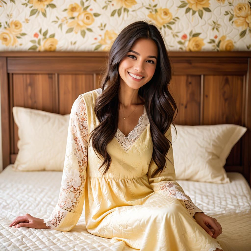 Young Woman in Yellow Lace Nightgown Sitting on Cozy Bed