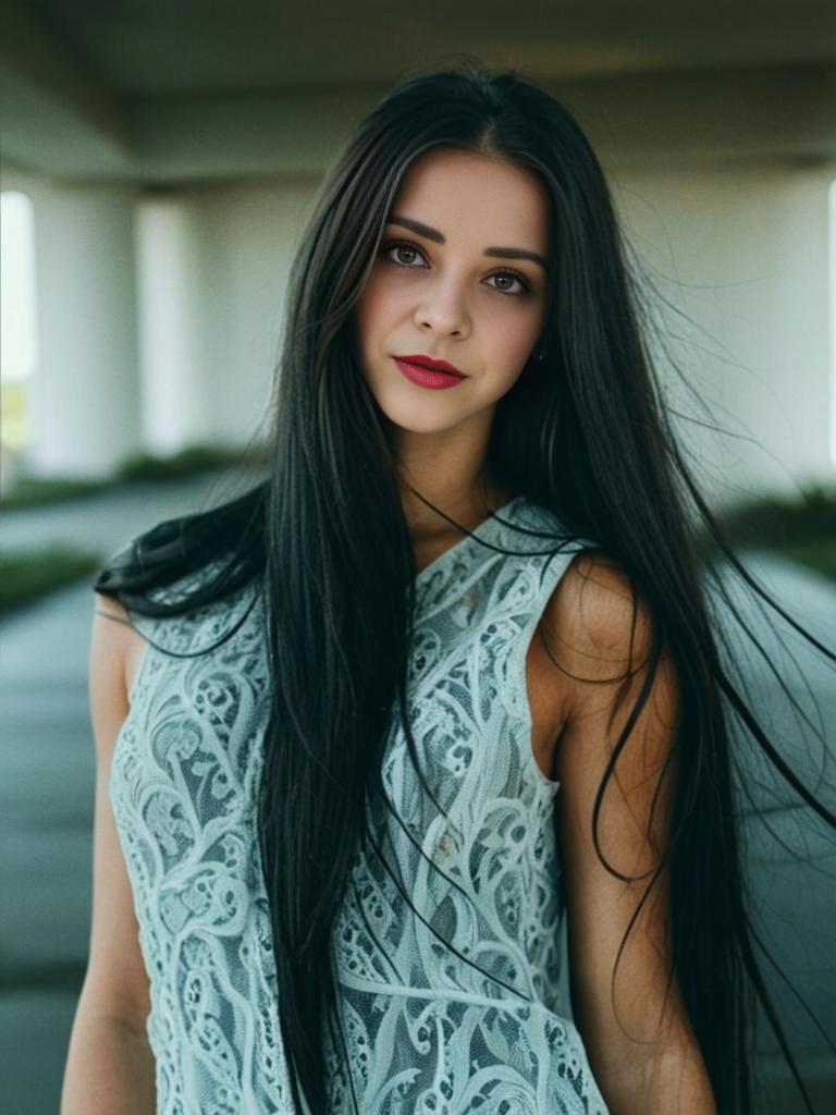 Confident Young Woman in Elegant Lace Top