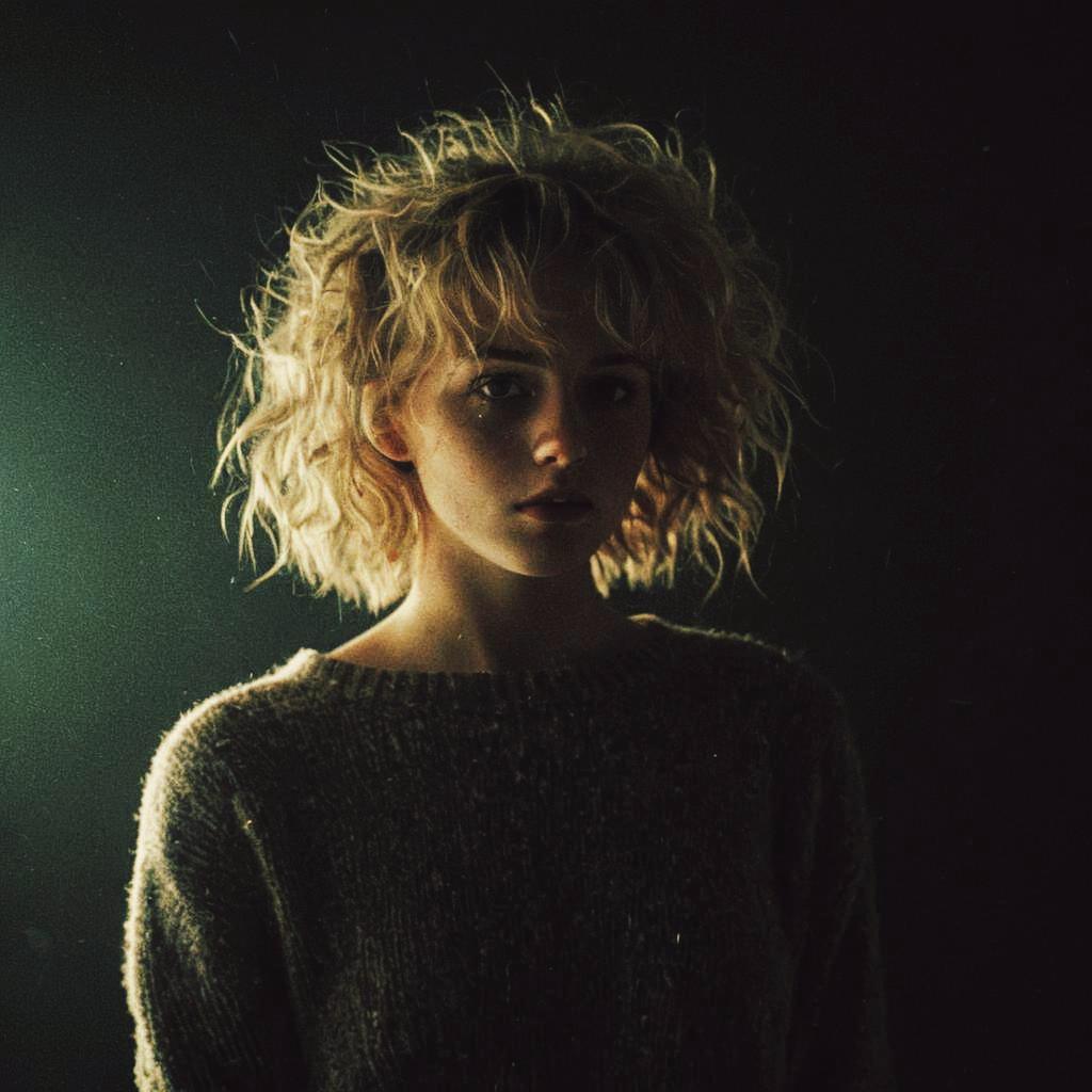 Moody Portrait of Blonde Woman with Curly Hair in Vintage Film Style
