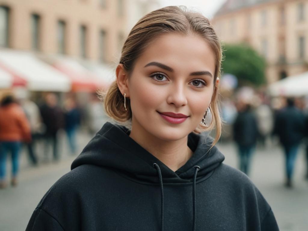 Young Woman in Black Hoodie with Urban Background