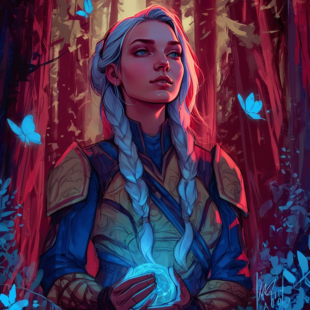 Fantasy Woman in Armor with Blue Butterflies Digital Illustration