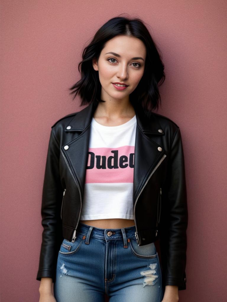 Stylish young woman in black leather jacket