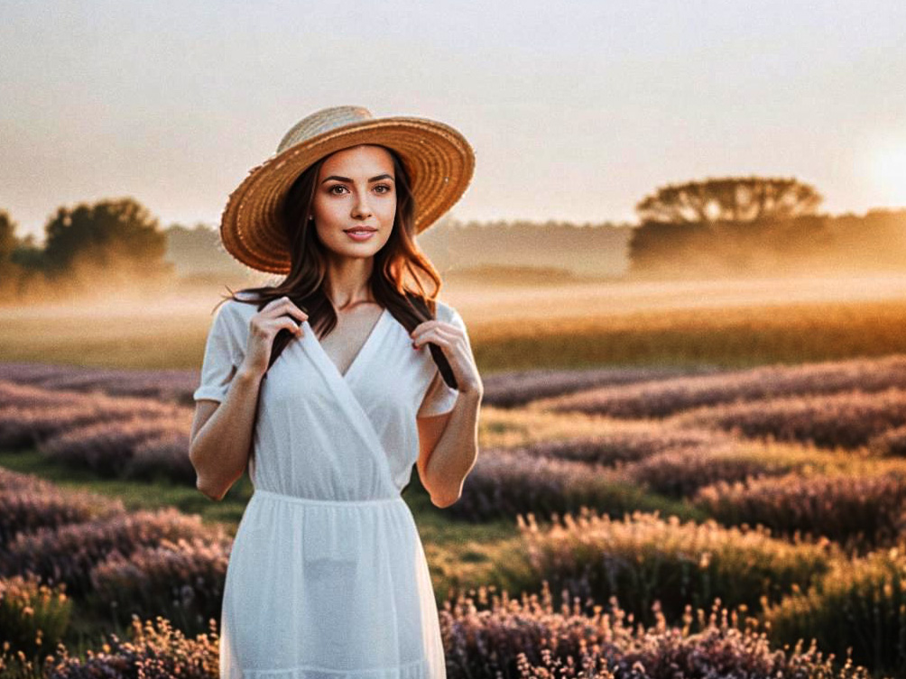 Woman in White Dress in Lavender Field