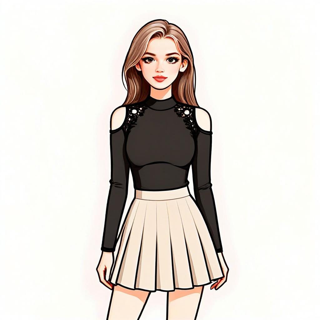 Stylish Woman with Pretty Face and Hair Wearing Black Cold-Shoulder Top and Cream Skirt Illustration