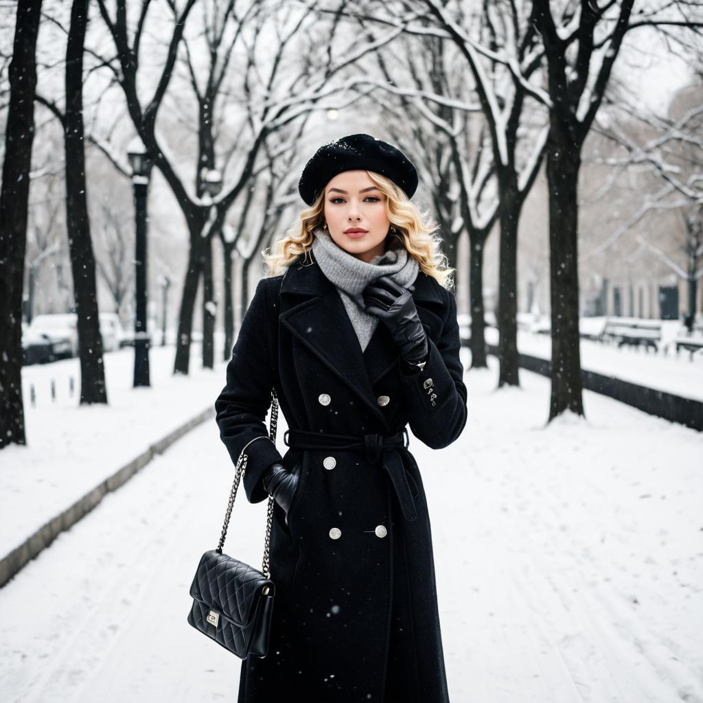 Elegant Woman in Black Coat and Beret Walking in Snowy Winter City