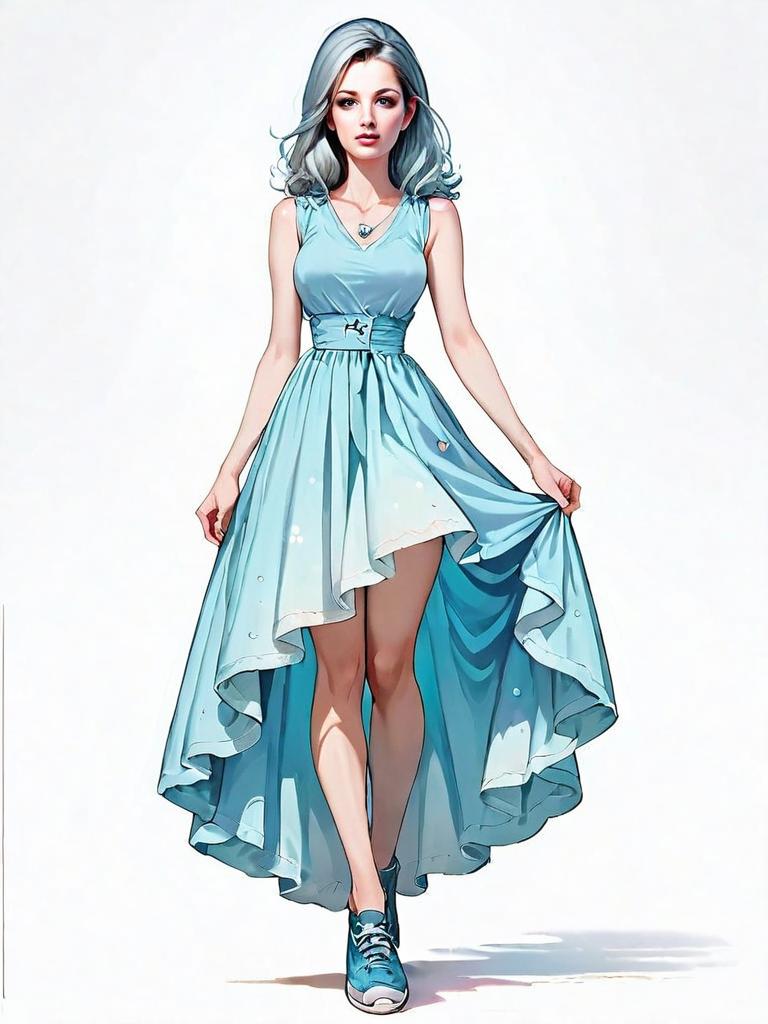 Realistic Digital Illustration of Woman in Light Blue Asymmetrical Dress and Sneakers