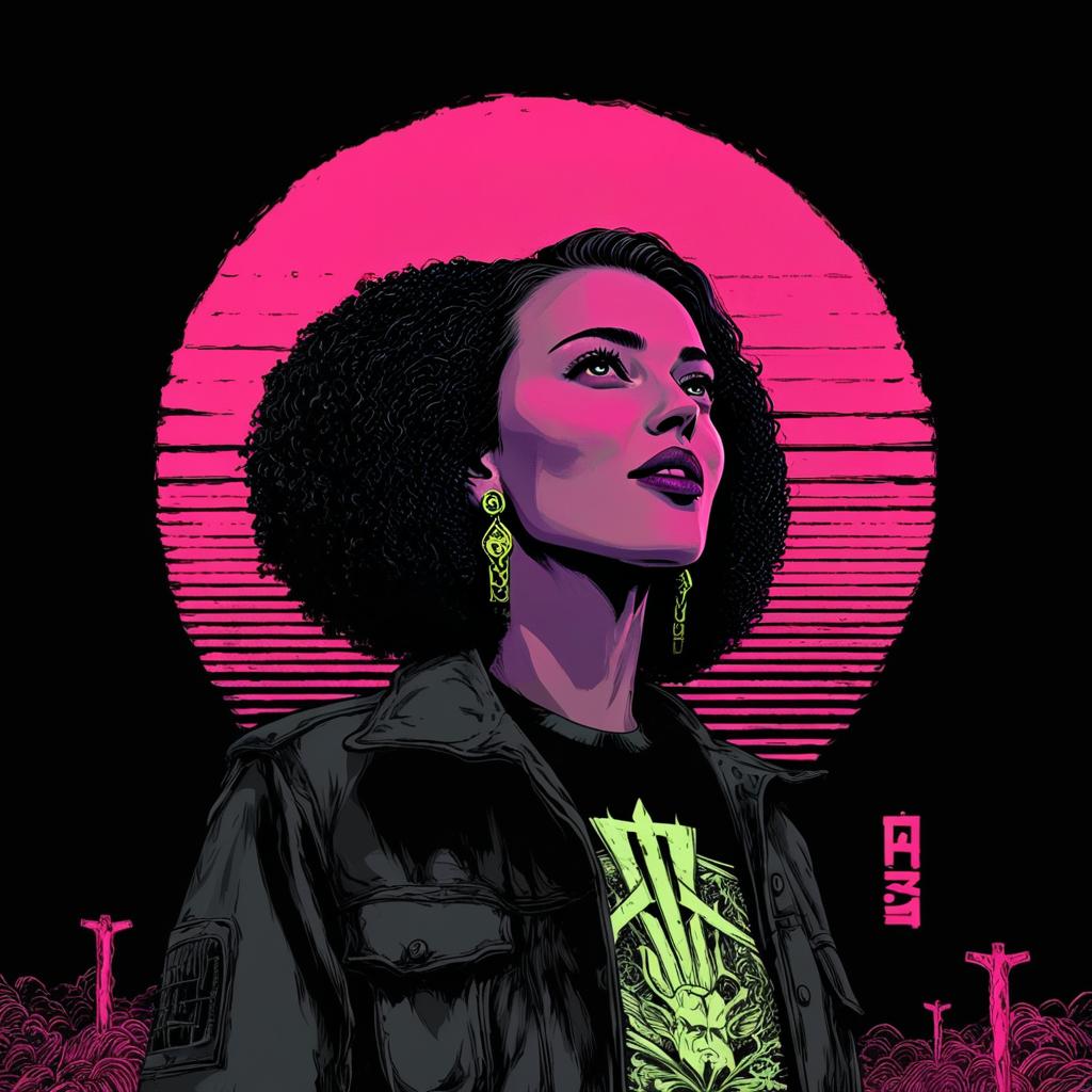 Cyberpunk Style Woman Digital Illustration with Neon Pink Background