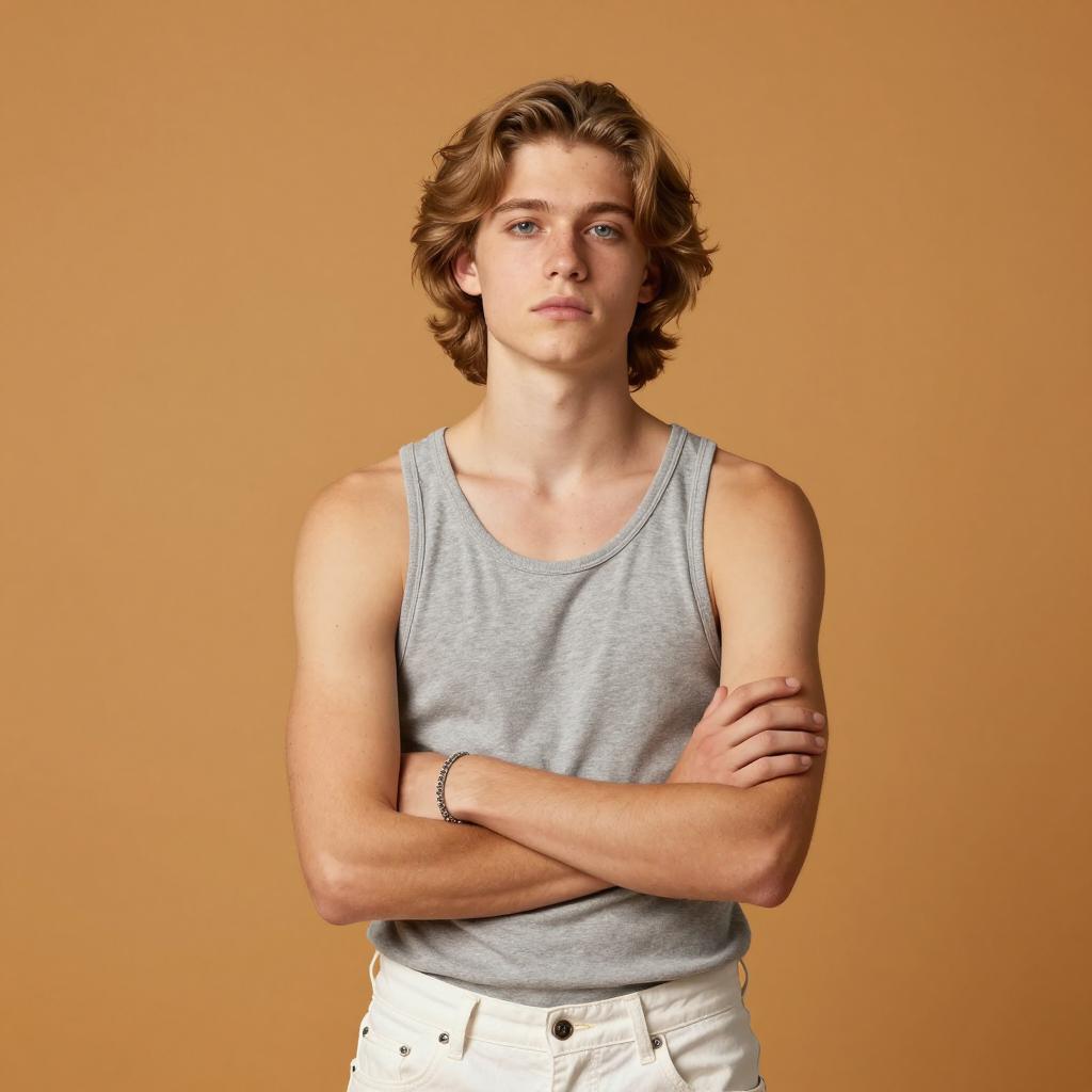 Young Man in Grey Tank Top Posing Confidently with Crossed Arms