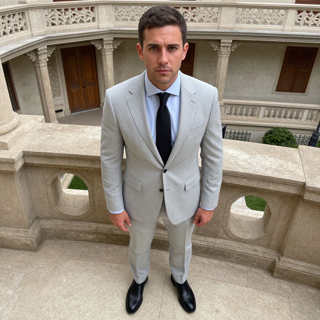 Man in Light Gray Pinstripe Suit Standing on Classic Stone Balcony