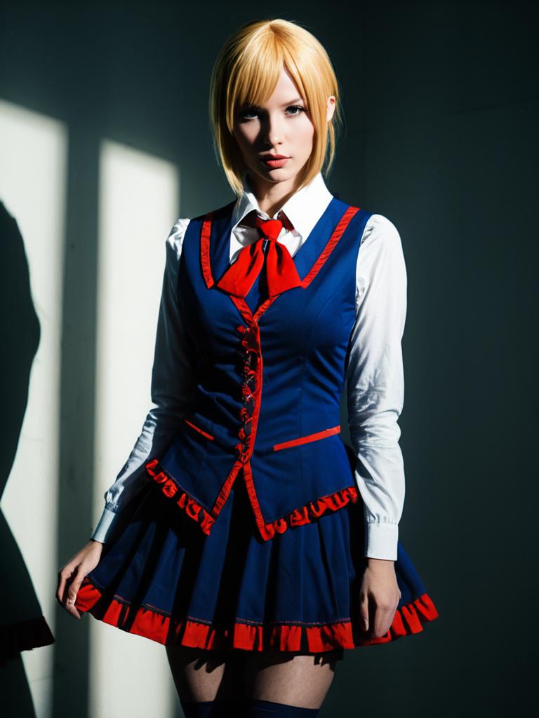 Realistic Photo of Woman in Eri Cosplay Costume with Blue and Red School Uniform