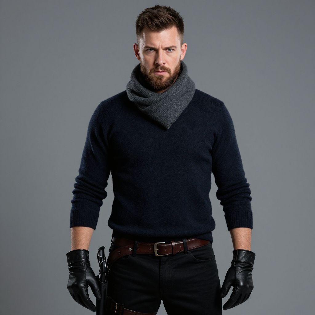 Serious Bearded Man in Dark Sweater with Leather Gloves and Holstered Gun