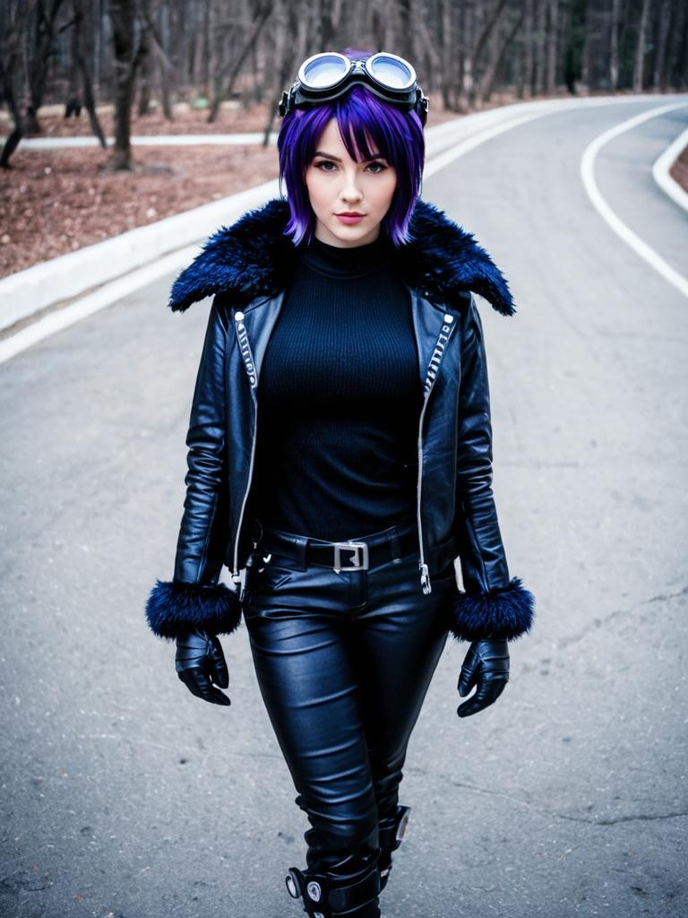 Woman with Purple Hair in Black Leather Outfit Inspired by Arknights Style