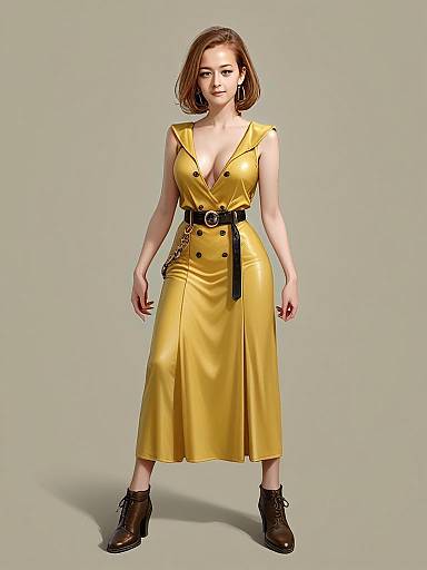 Stylish Woman in Modern Chic Mustard Yellow Dress with Belt and Boots