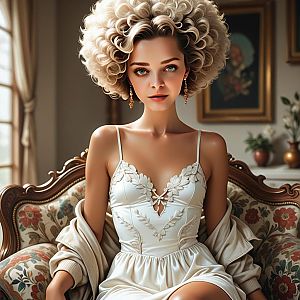 Elegant Woman in White Dress on Vintage Sofa