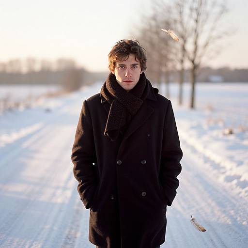 Young Man in Dark Coat Standing on Snowy Winter Path