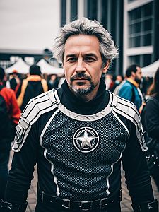 Confident Cosplayer in Armored Jersey Costume