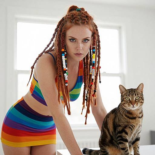 Red-Haired Woman in Rainbow Outfit with Beaded Braids and Tabby Cat Indoor