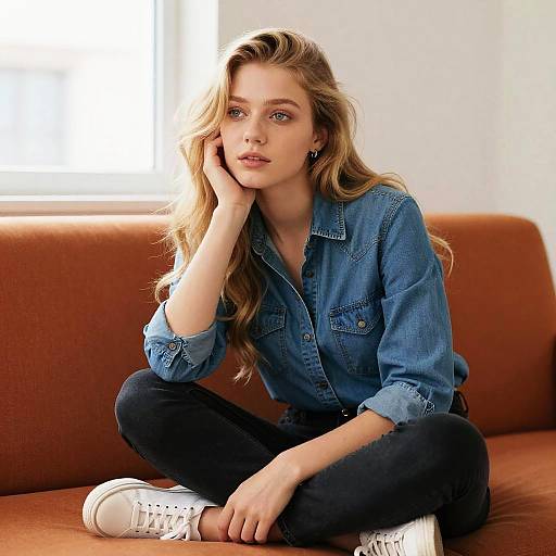 Young Woman Sitting on Sofa in Casual Denim Outfit