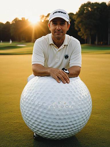 Man Posing with Giant Golf Ball on Golf Course at Sunset