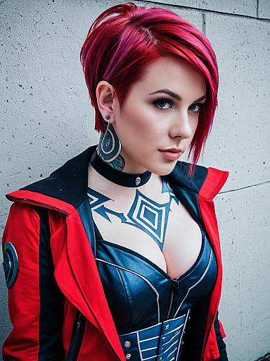Cyberpunk Woman with Red Hair and Geometric Tattoo in Red and Black Outfit