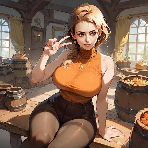 Anime Style Illustration of Blonde Woman in Rustic Room with Barrels and Fruit