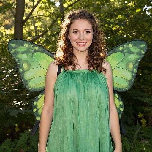 Young Woman in Green Butterfly Fairy Costume Outdoors