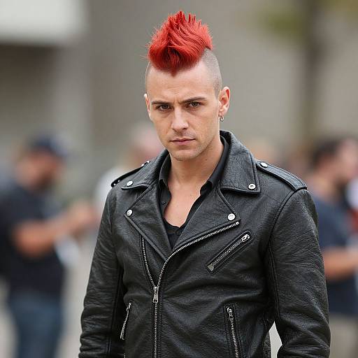 Man with Red Mohawk and Black Leather Jacket Urban Punk Style