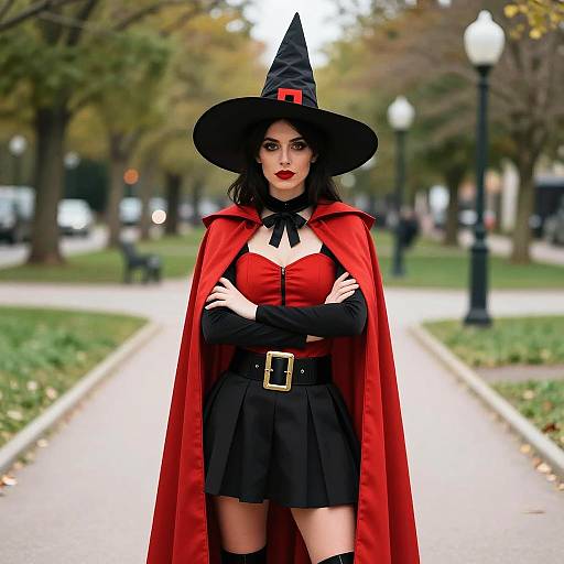 Young Woman in Stylish Red and Black Witch Costume Outdoors