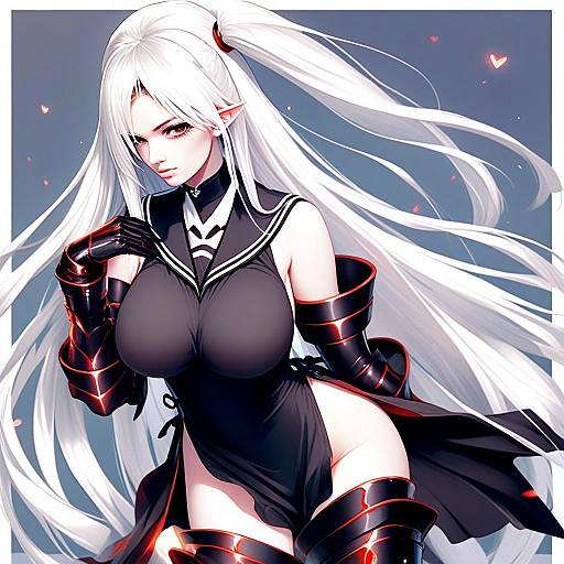 Anime Elf Woman in Futuristic Black Armor with White Hair