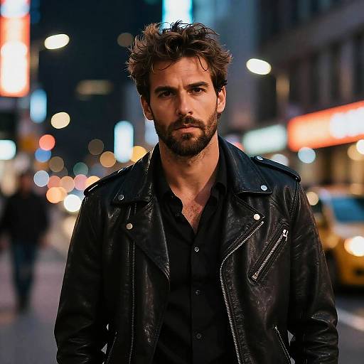 Stylish Young Man in Black Leather Jacket on City Street at Night