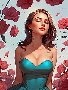 Confident Woman in Turquoise Dress with Pink Flowers