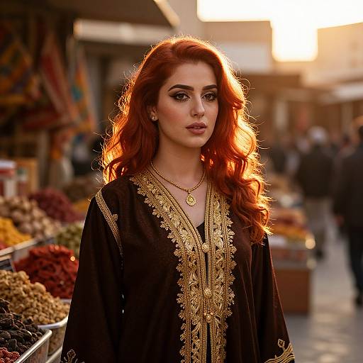 Red-Haired Woman in Traditional Embroidered Dress at Vibrant Market