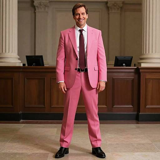 Man Wearing Bold Pink Suit in Formal Courtroom Setting