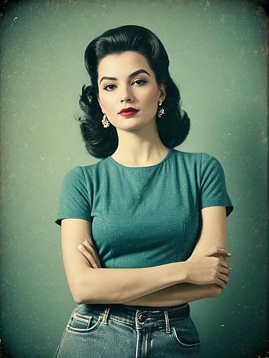 Retro Style Woman in Teal Top and High-Waisted Jeans with Vintage Hairstyle