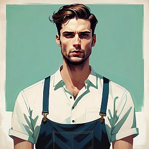 Stylized Portrait of Young Man in Overalls