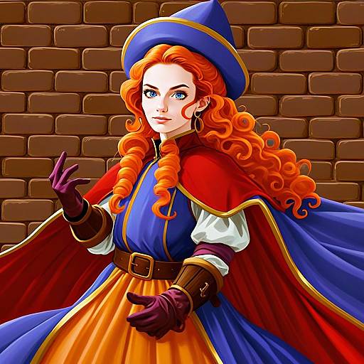 Anime Style Red-Haired Woman in Medieval Costume with Blue Hat and Red Cape