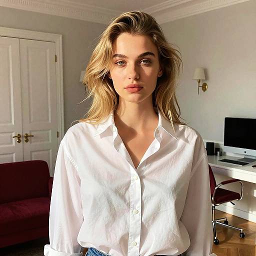 Young Blonde Woman in White Shirt in Modern Home Office Setting